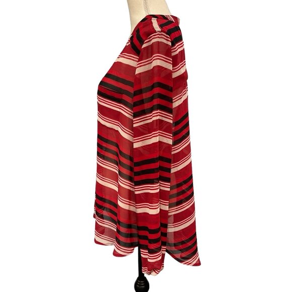 Torrid Top 1X Womens Semi Sheer Chiffon Red Black Striped Button Down Blouse - Picture 2 of 8